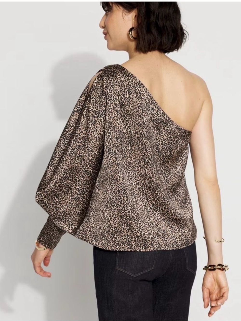 WHBM One-Shoulder Leopard Print Satin Top - Brown - Picture 2 of 4